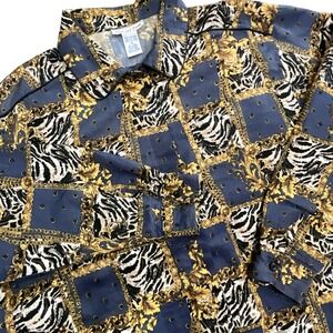Anna & Frank Silk Shirt XL Blue Gold Zebra Print Animal Baroque Long Sleeve‎